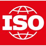 Carré Rouge avec ISO écrit en blanc sur des lignes formant une planète en blanc
