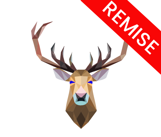 Caribou de face avec des bois de taille moyenne. Une banderole rouge avec écrit remise se trouve dans le coin de l'image.