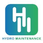 Logo d'hydro Maintenance. Le nom de l'entreprise est écrit en dessous d'un carré avec les bords arrondis. Le carré a un dégradé du bleu au vert. Les lettres H et M sont écrit en blanc au milieu de ce carré. Le nom de l'entreprise a le même dégradé que le carré. 