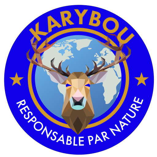 Logo bleu et jaune doré avec un Karybou de face au milieu. Derrière le Karybou il y a une planète en bleu et vert pâle. Plusieurs cercles entourent la planète. Karybou est écrit dans le dernier cercle en jaune doré. Responsable par nature est écrit en blanc en bas du dernier cercle. Deux étoiles jaune doré sépare Karybou de responsable par nature.