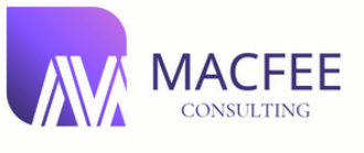Logo Macfee Consulting. Le nom de l'entreprise est écrit à droite d'un M blanc dans un carré violet. Deux angles de ce carré sont arrondis. 
